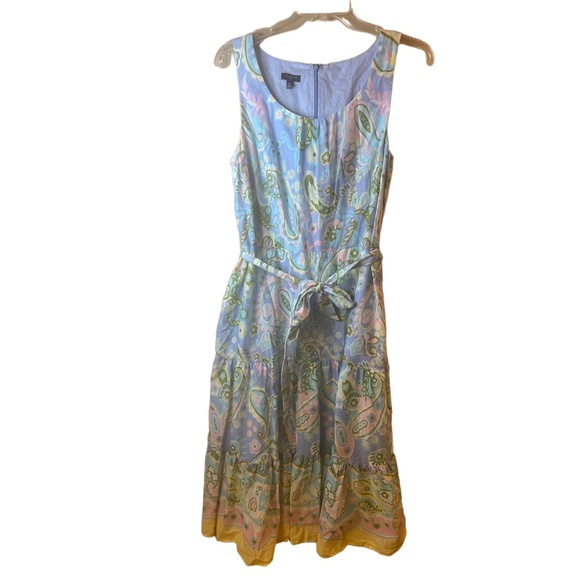 Talbots Pastel Paisley Pattern Tie Waist Sleeveless Midi Dress Petite 10 - Picture 1 of 10